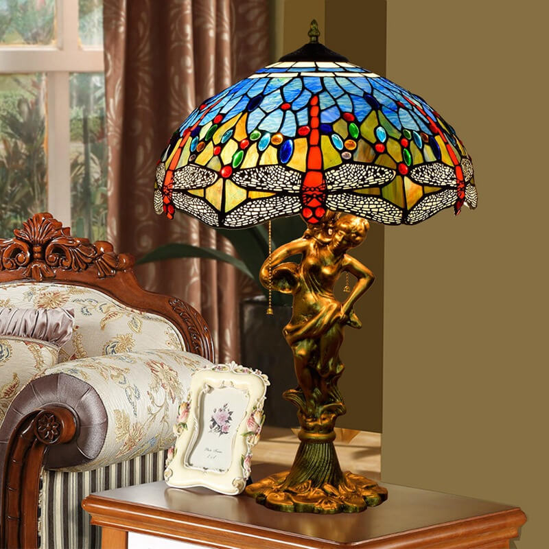 DragonLume Tischlampe | Mediterranes Tiffany-Design | Buntes Glas & Libellenmotiv | 3-Licht Zipperlampe