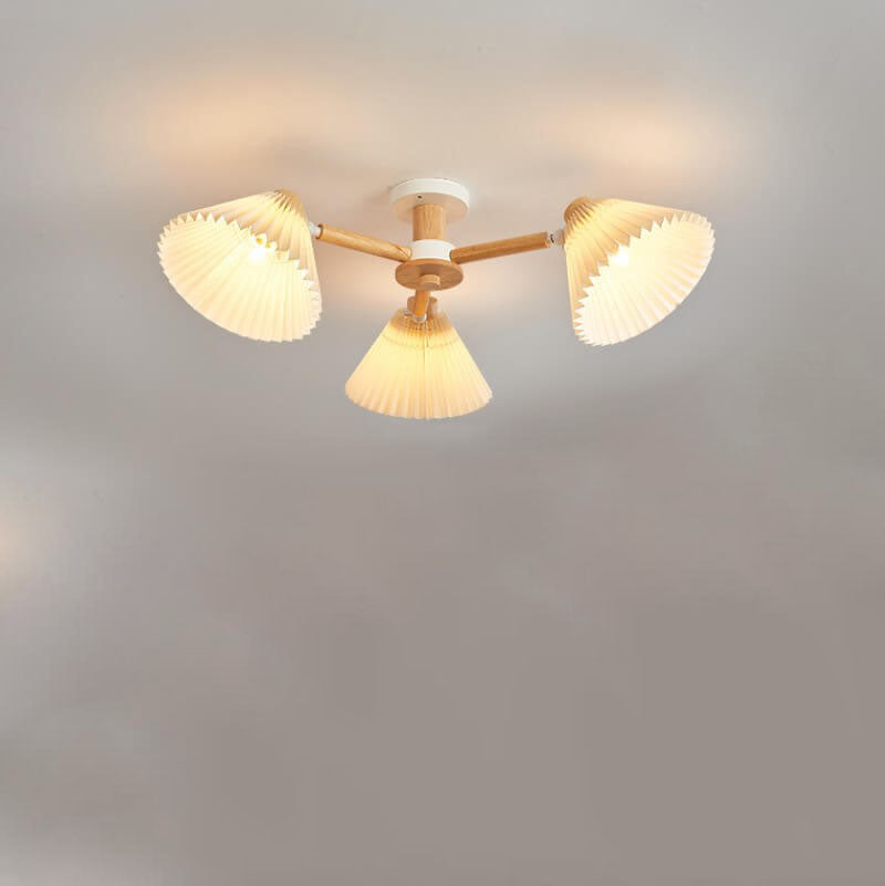 LumiPlea Nordic Holz Deckenleuchte | Plissee-Schirm | 3/6/8-Licht Halbrunde Deckenlampe