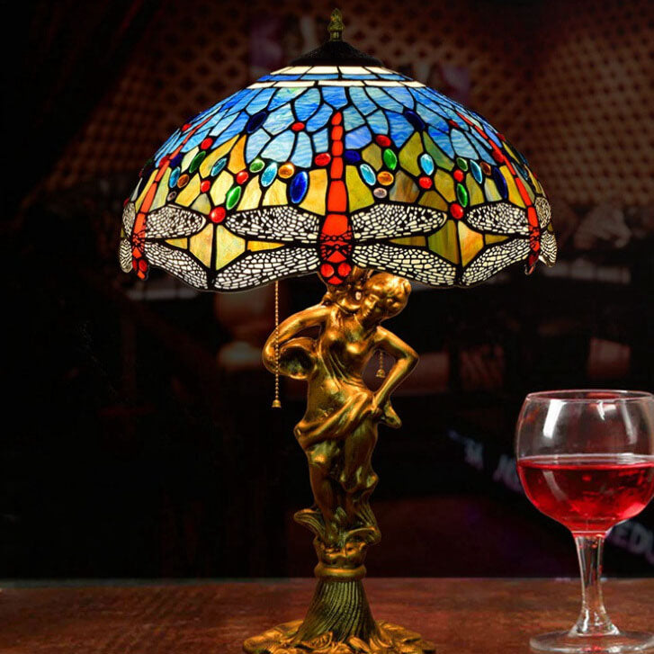 DragonLume Tischlampe | Mediterranes Tiffany-Design | Buntes Glas & Libellenmotiv | 3-Licht Zipperlampe