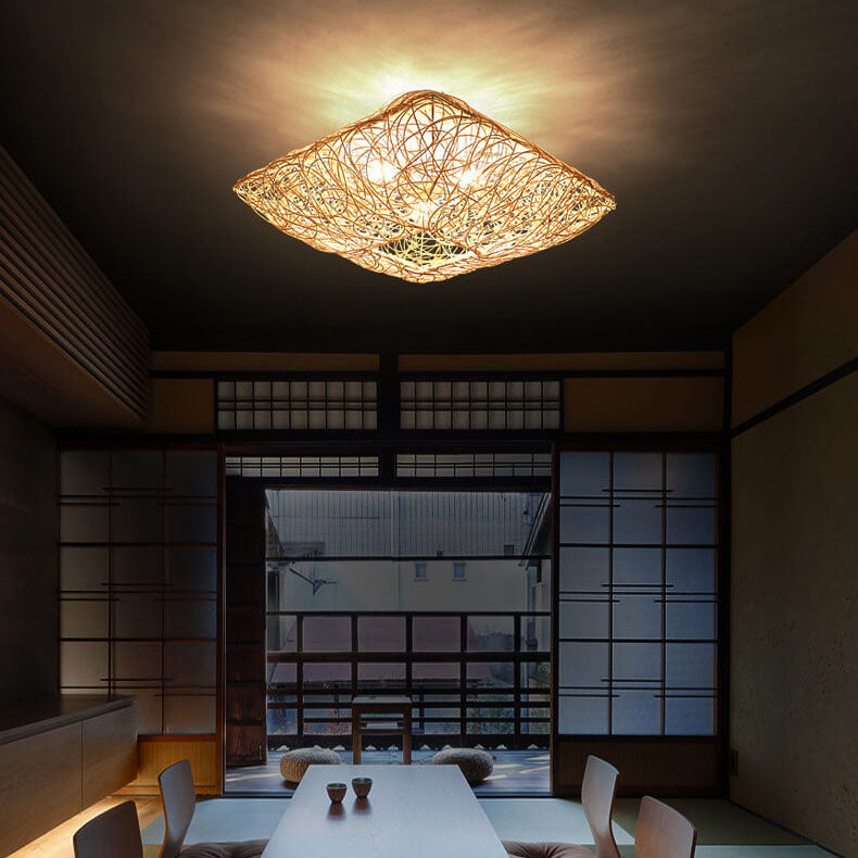 Nestoria Deckenleuchte | Modernes Rattan Nest-Design | Quadratische 3-Licht Flush-Mount Lampe | Elegante Beleuchtung für Wohnräume
