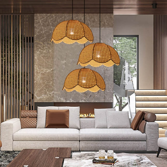 RattanLume Pendelleuchte | Nordisches Rattandesign | 1-Licht Muschelkuppel | Natürliche Eleganz für Ihr Zuhause