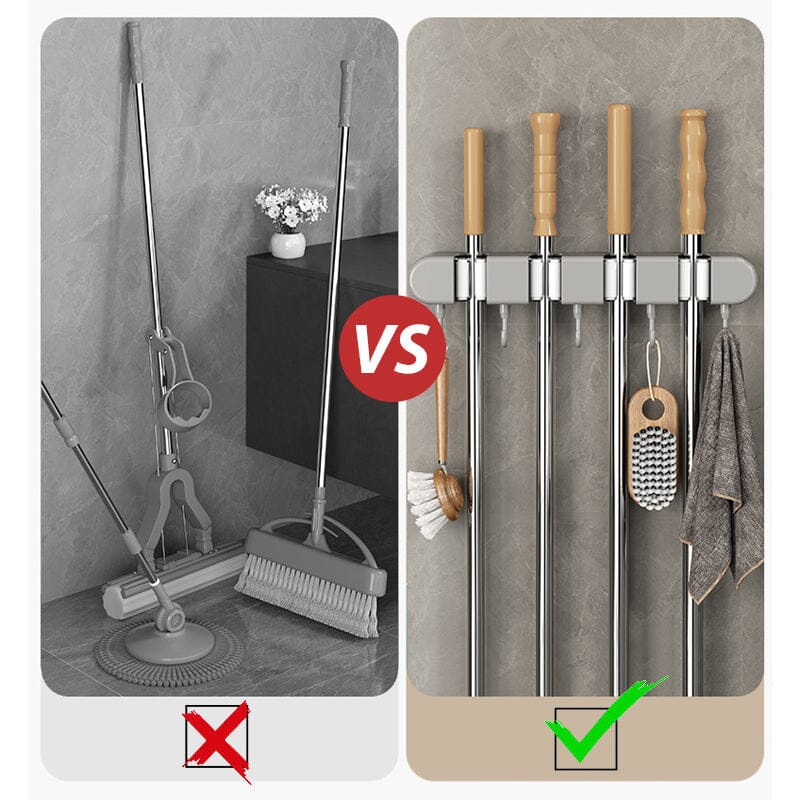 GripWall Mop- und Besenhalter | Wandmontiertes Aufbewahrungssystem mit Haken | Multifunktionales Lagerregal für Haushalt & Garage