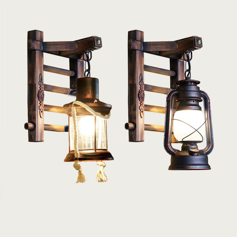 BambooLuxe Wandleuchte | Vintage Kerosin-Look | Bambusgeflecht Basis | 1-Licht Wandlampe