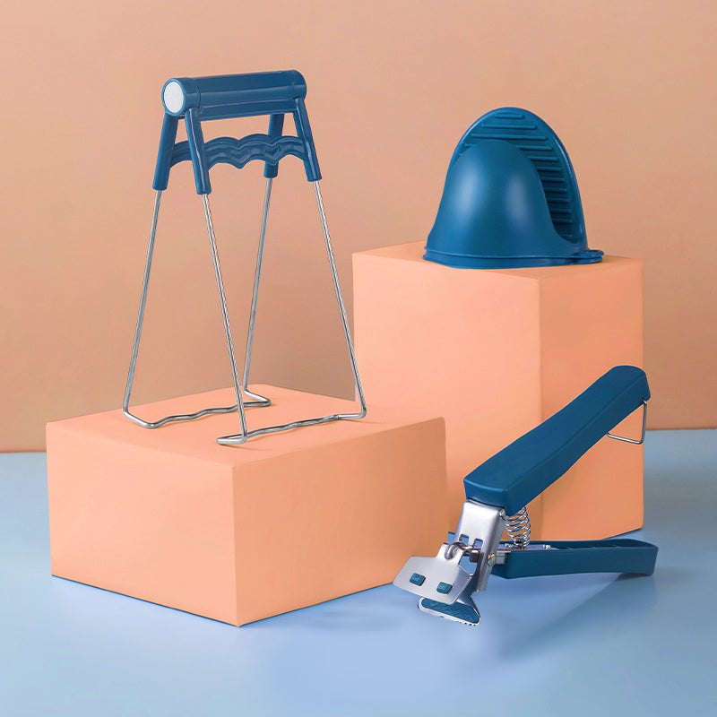 SafeGrip Küchen-Verbrennungs-Schutz Set | Heiße Plattengreifer & Edelstahl-Schüsselclip & Silikonhandschuhe | Hitzebeständiges Küchenzubehör