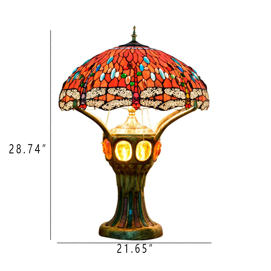 RadianceGem Tiffany Tischlampe | Vintage Design | Rot | Glaskunst mit Libellenmuster | 4-Licht Tischleuchte
