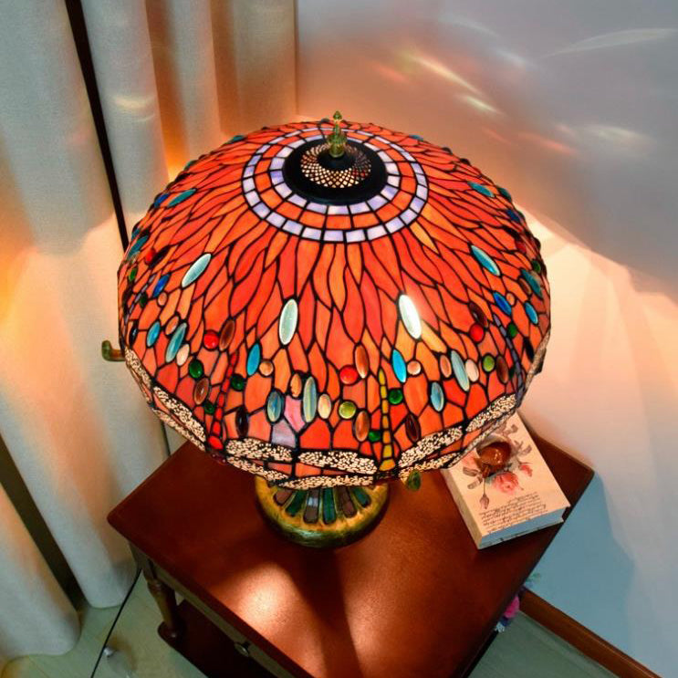 RadianceGem Tiffany Tischlampe | Vintage Design | Rot | Glaskunst mit Libellenmuster | 4-Licht Tischleuchte