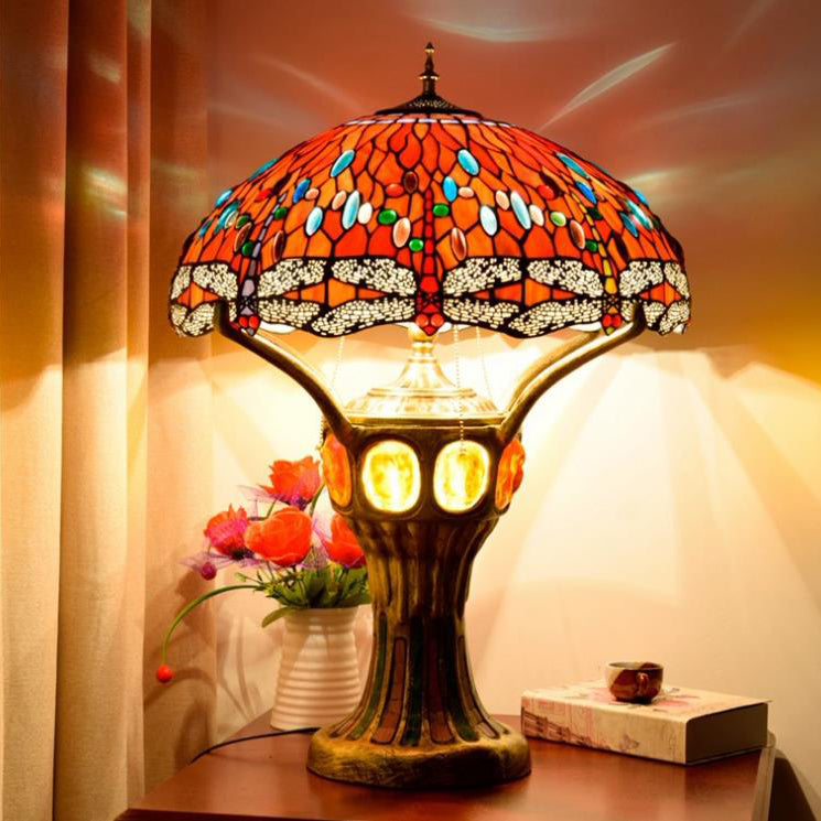 RadianceGem Tiffany Tischlampe | Vintage Design | Rot | Glaskunst mit Libellenmuster | 4-Licht Tischleuchte