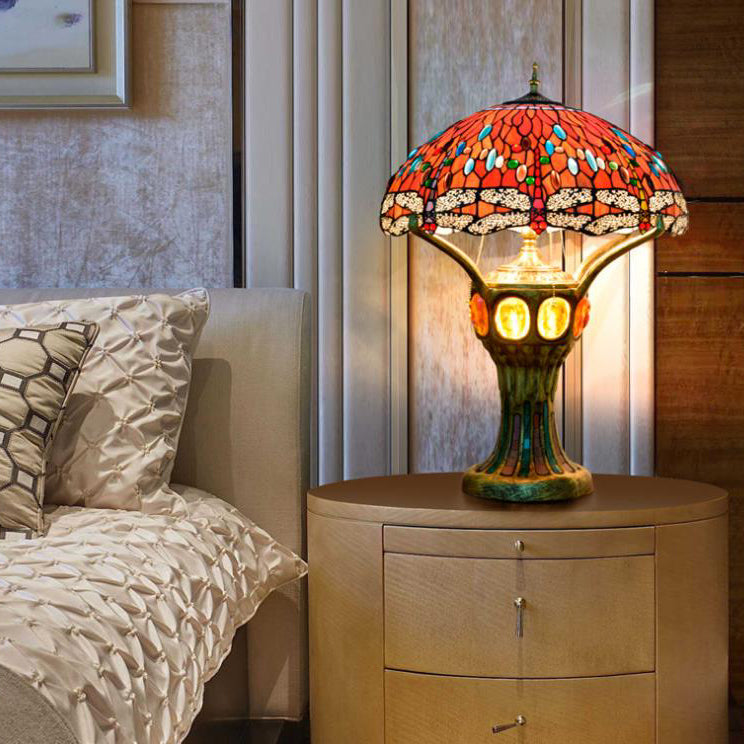 RadianceGem Tiffany Tischlampe | Vintage Design | Rot | Glaskunst mit Libellenmuster | 4-Licht Tischleuchte