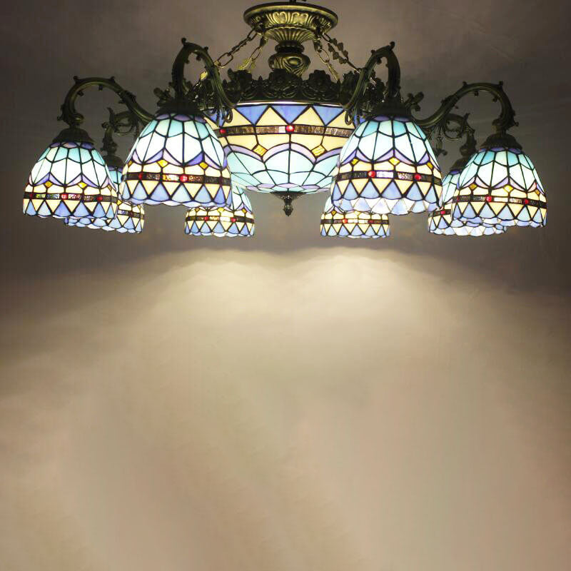 Celestoria Tiffany Deckenleuchte | Retro Barock Design | Buntglas | 11-Licht Halbeinbauleuchte