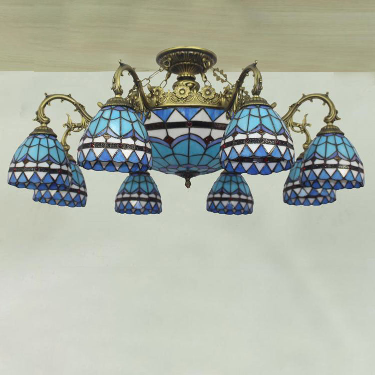 Celestoria Tiffany Deckenleuchte | Retro Barock Design | Buntglas | 11-Licht Halbeinbauleuchte