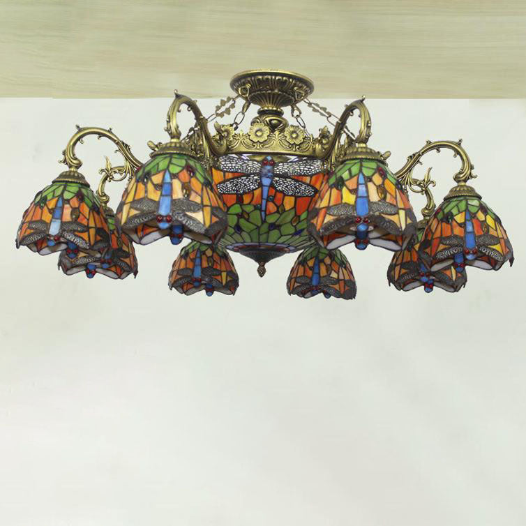 Celestoria Tiffany Deckenleuchte | Retro Barock Design | Buntglas | 11-Licht Halbeinbauleuchte