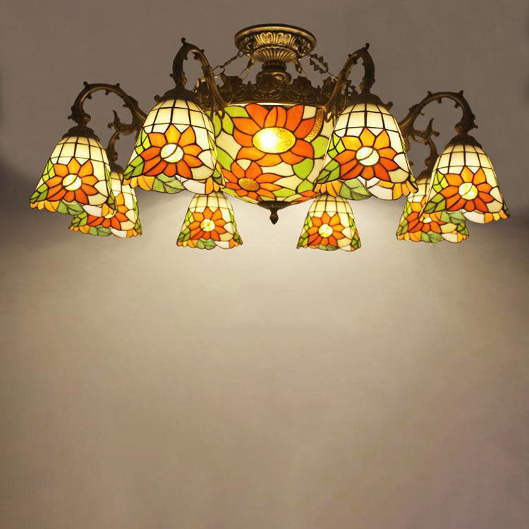 Celestoria Tiffany Deckenleuchte | Retro Barock Design | Buntglas | 11-Licht Halbeinbauleuchte