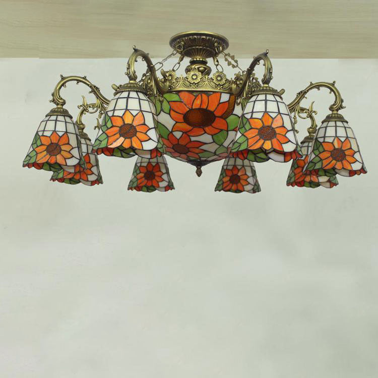 Celestoria Tiffany Deckenleuchte | Retro Barock Design | Buntglas | 11-Licht Halbeinbauleuchte