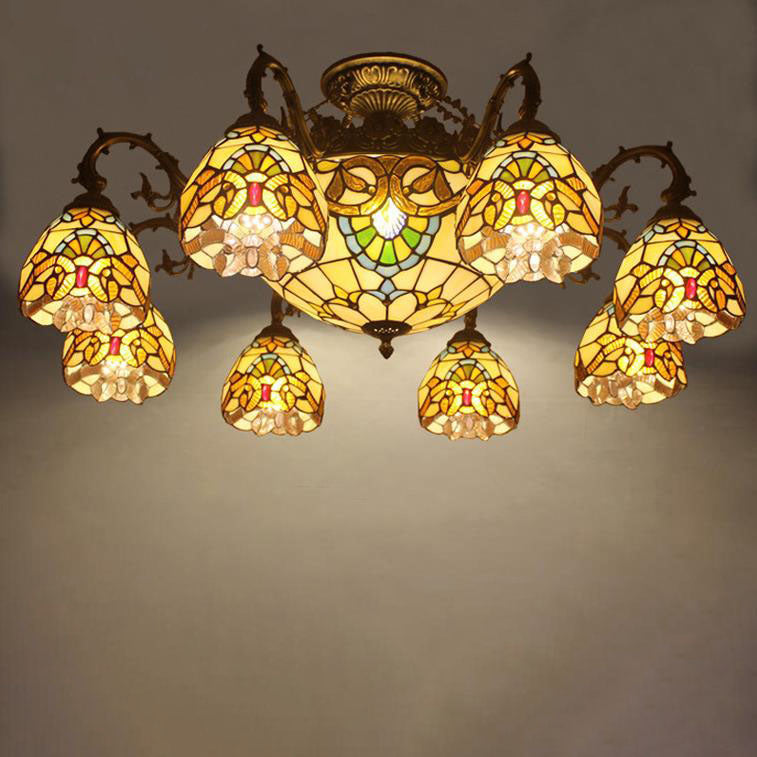 Celestoria Tiffany Deckenleuchte | Retro Barock Design | Buntglas | 11-Licht Halbeinbauleuchte