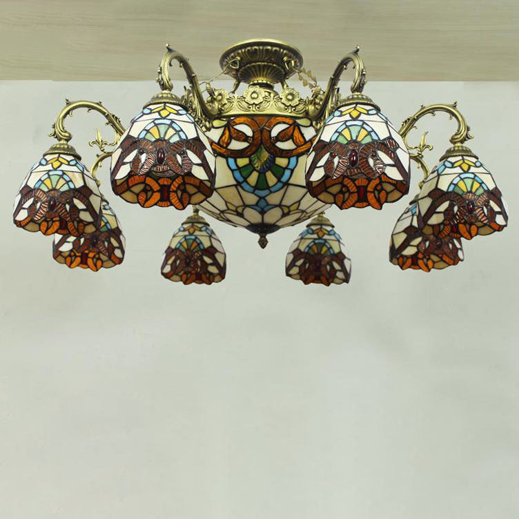 Celestoria Tiffany Deckenleuchte | Retro Barock Design | Buntglas | 11-Licht Halbeinbauleuchte