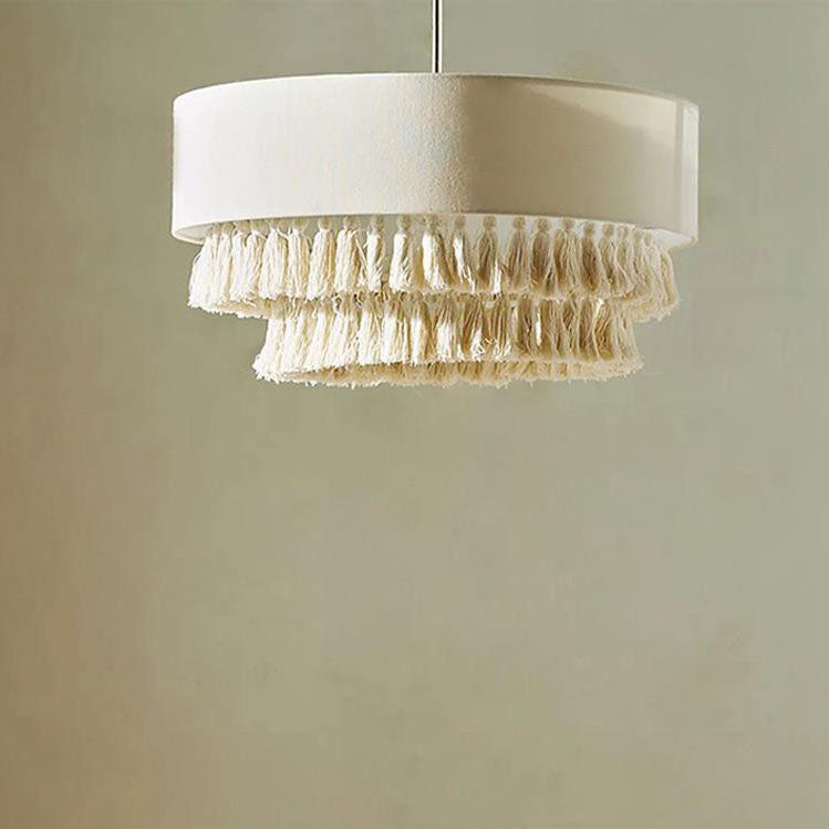 BohoLuma Kronleuchter | Stoffzylinder-Schirm | Geflochtenes Seil & Quasten | 3-flammige Beleuchtung für Wohnzimmer