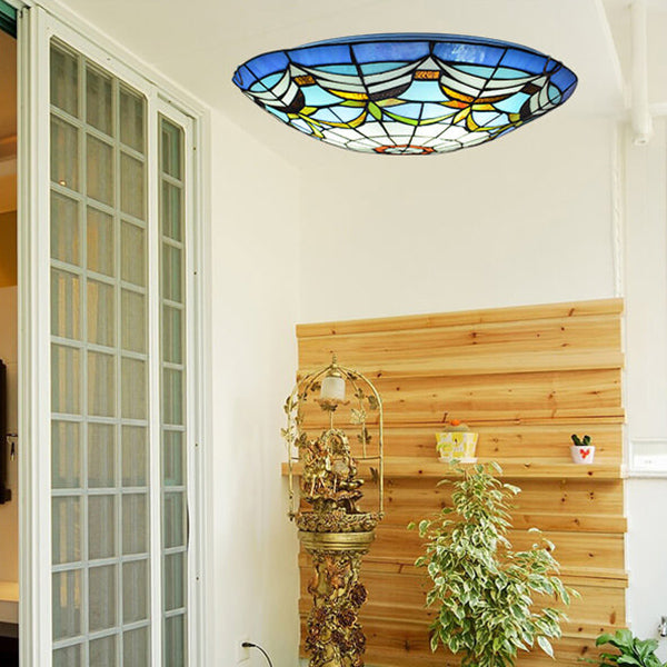 Tiffanique Runde Deckenleuchte | Europäisches Buntglasdesign | 3-Flammig | Verschiedene Muster | Stimmungsvolle Beleuchtung