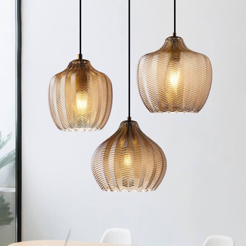 LuxeWave Nordic Glas-Pendelleuchte | Wellenstruktur | 1-Licht Barrel Design | Rauchgrau & Cognac Optionen