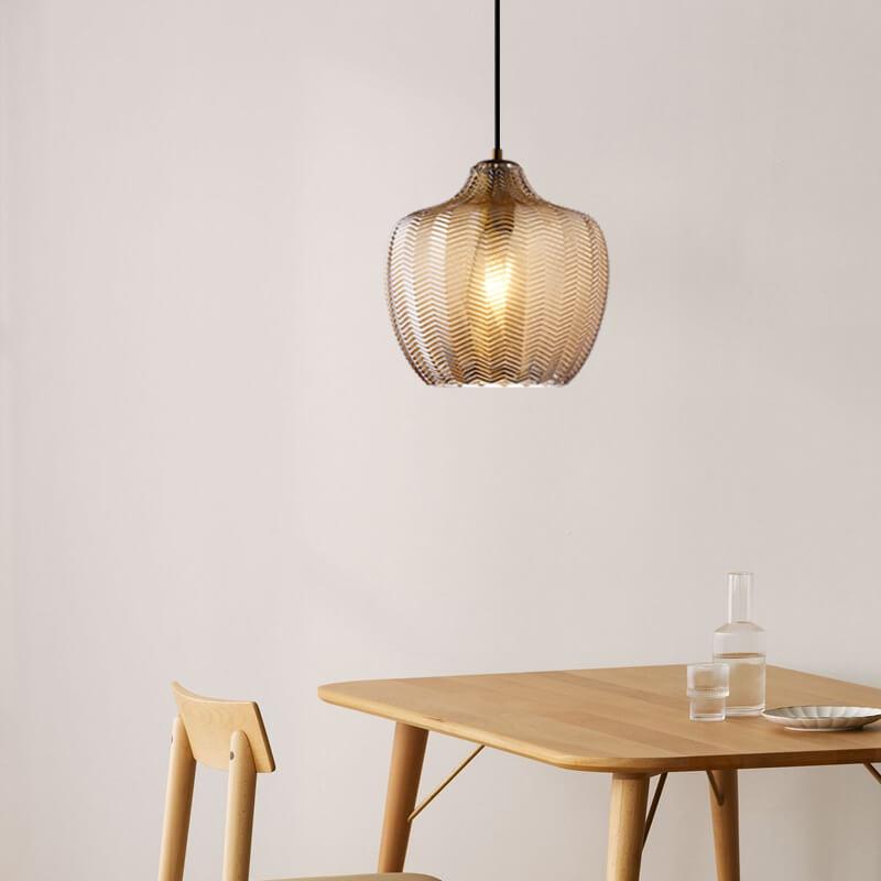 LuxeWave Nordic Glas-Pendelleuchte | Wellenstruktur | 1-Licht Barrel Design | Rauchgrau & Cognac Optionen