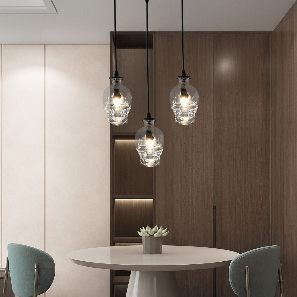 LunaVortex Skull Glas Kronleuchter | 3-Licht Design | Stilvolle Beleuchtung | Einzigartige Dekoration für Esszimmer & Wohnzimmer