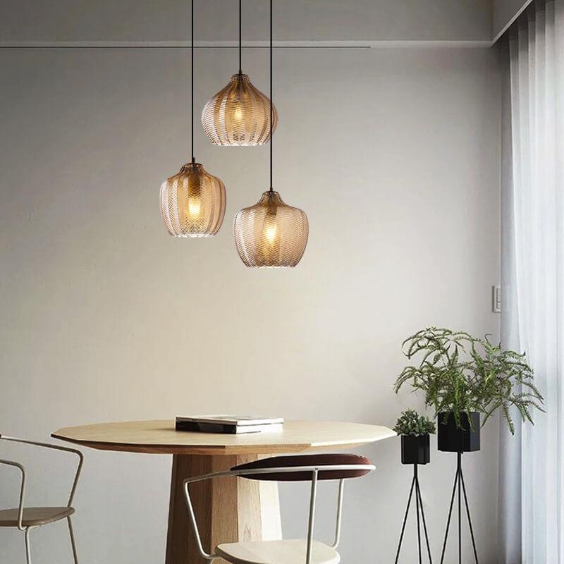 LuxeWave Nordic Glas-Pendelleuchte | Wellenstruktur | 1-Licht Barrel Design | Rauchgrau & Cognac Optionen