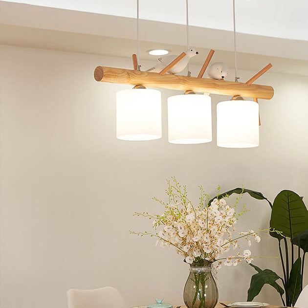 AviLume Nordic Kronleuchter | Minimalistisches Holzdesign | Zylinder mit Vogel-Dekor | 2-3 Licht Pendelleuchte