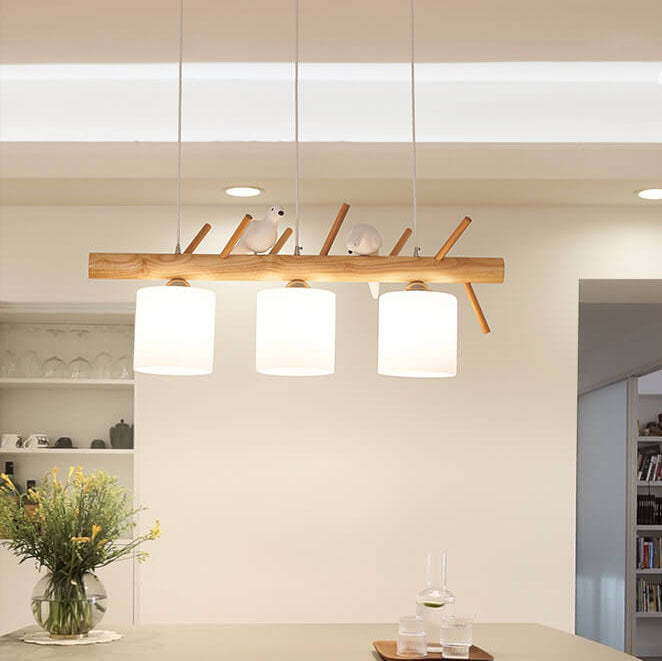 AviLume Nordic Kronleuchter | Minimalistisches Holzdesign | Zylinder mit Vogel-Dekor | 2-3 Licht Pendelleuchte