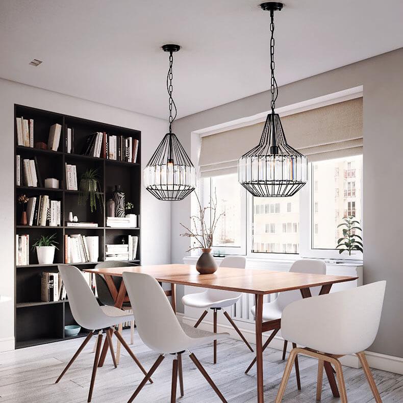 CageLuxe Vintage Pendelleuchte | Geometrisches Vogelkäfig-Design | 1-flammige Hängelampe aus Schmiedeeisen