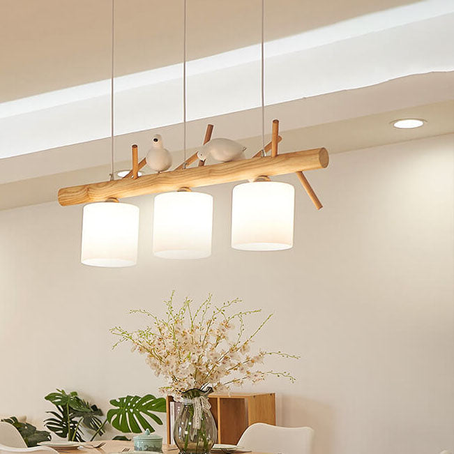 AviLume Nordic Kronleuchter | Minimalistisches Holzdesign | Zylinder mit Vogel-Dekor | 2-3 Licht Pendelleuchte