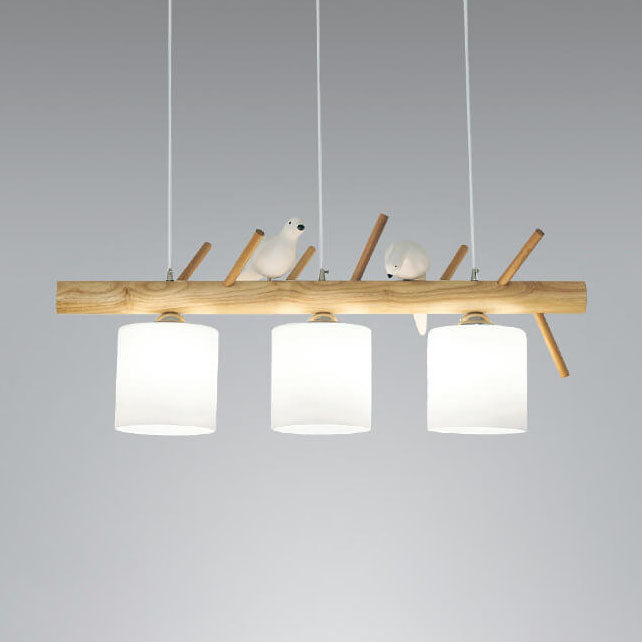 AviLume Nordic Kronleuchter | Minimalistisches Holzdesign | Zylinder mit Vogel-Dekor | 2-3 Licht Pendelleuchte
