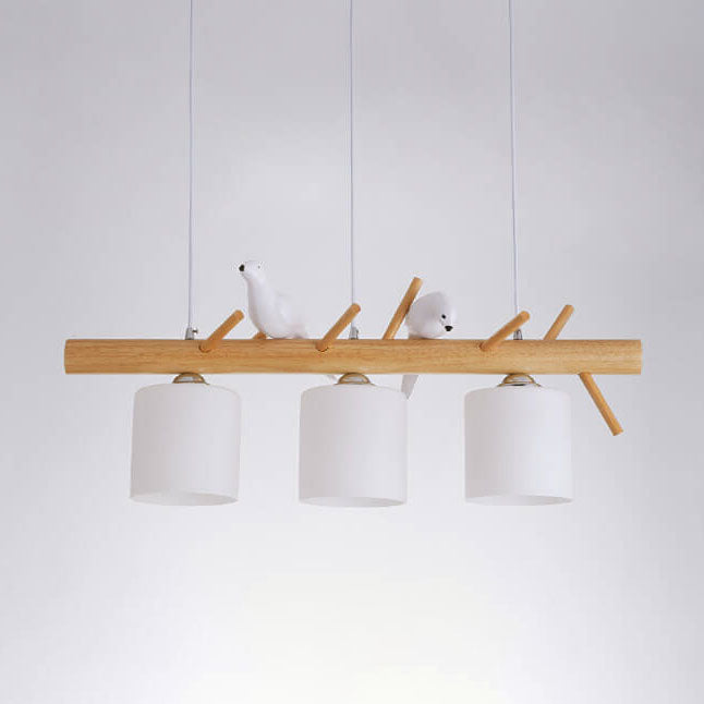AviLume Nordic Kronleuchter | Minimalistisches Holzdesign | Zylinder mit Vogel-Dekor | 2-3 Licht Pendelleuchte