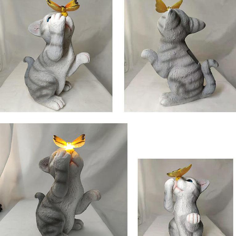 SolarPurr Gartenleuchte | LED-Katzenfigur mit Schmetterling | Solarbetrieben | Wetterfest | Dekoration für Außenbereiche