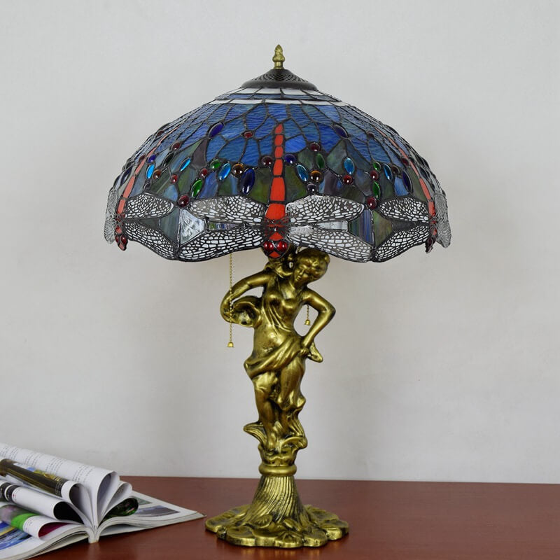 DragonLume Tischlampe | Mediterranes Tiffany-Design | Buntes Glas & Libellenmotiv | 3-Licht Zipperlampe