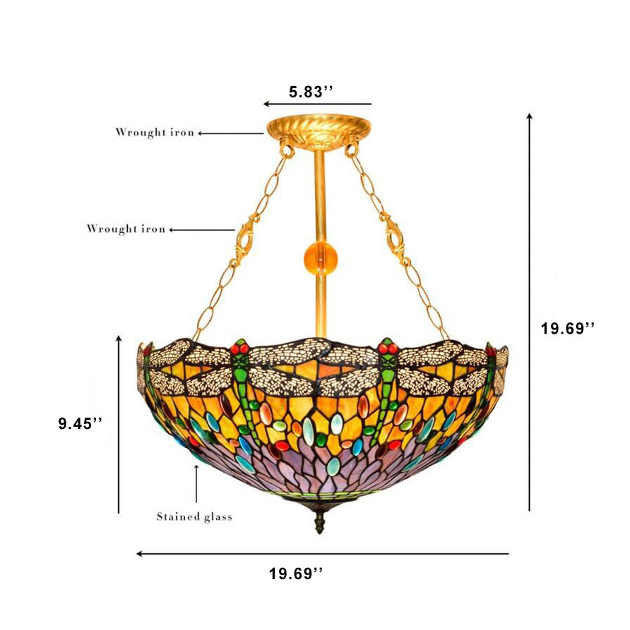 DragonLuxe Tiffany-Kronleuchter | Buntes Glasdesign | Libellenmotiv | 3-Licht Hängeleuchte | Vintage & Elegant