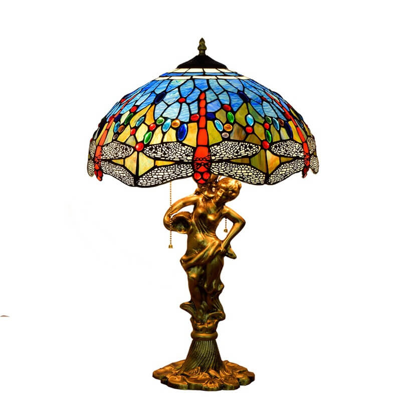 DragonLume Tischlampe | Mediterranes Tiffany-Design | Buntes Glas & Libellenmotiv | 3-Licht Zipperlampe