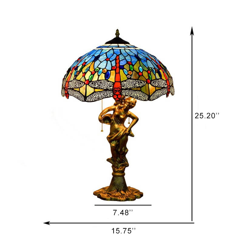 DragonLume Tischlampe | Mediterranes Tiffany-Design | Buntes Glas & Libellenmotiv | 3-Licht Zipperlampe