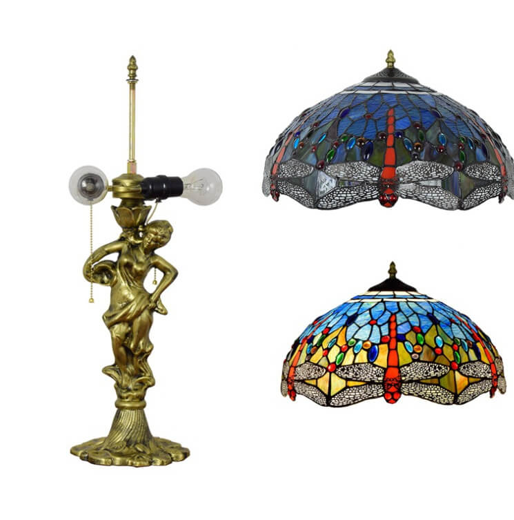 DragonLume Tischlampe | Mediterranes Tiffany-Design | Buntes Glas & Libellenmotiv | 3-Licht Zipperlampe
