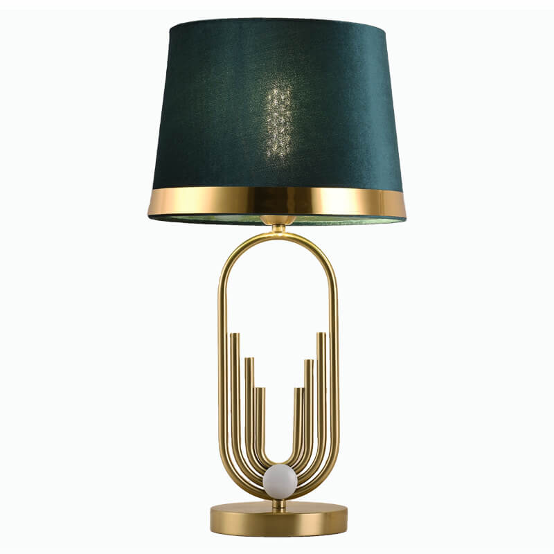 LustreOval Tischlampe | Modernes Luxusdesign | Goldene Ovalbasis & Stoffschirm | 1-Licht Tischleuchte für stilvolle Räume