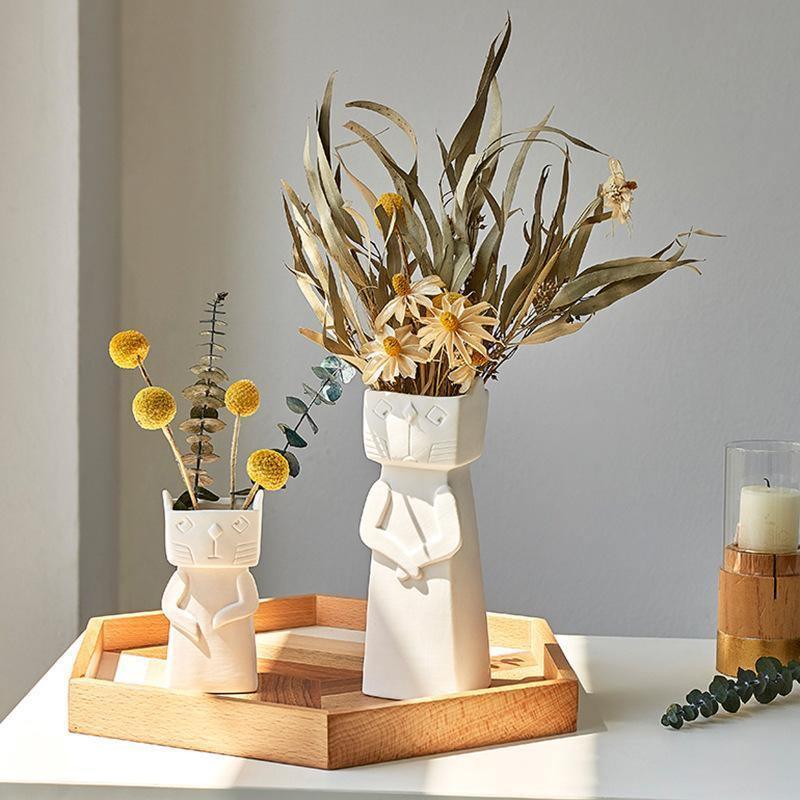MeowNordic Katzen-Keramikvase | Skandinavisches Design | Verspielte Blumendekoration | Zwei Größen