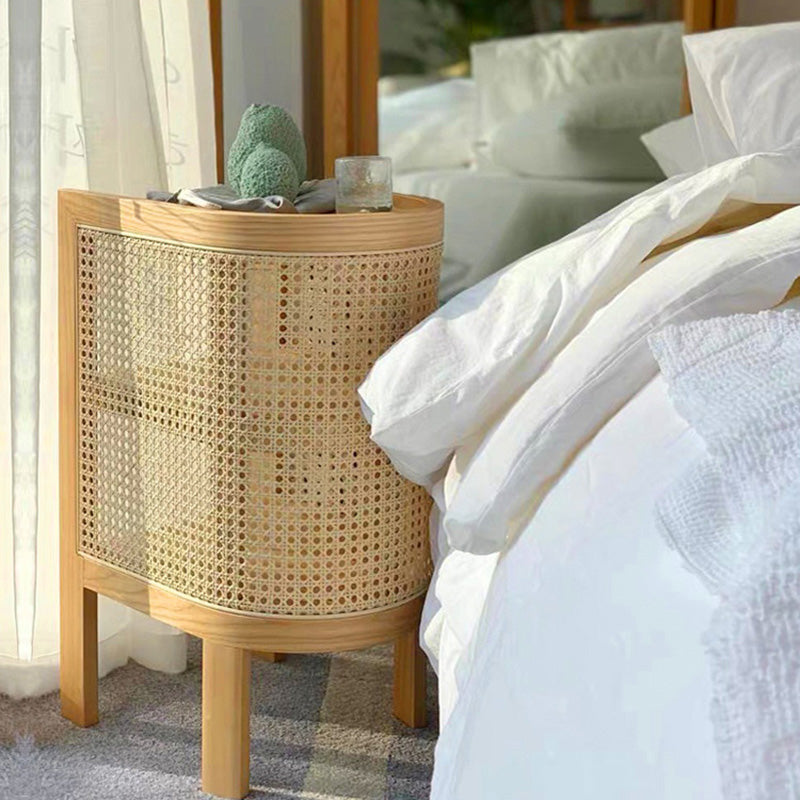 ZenovaSphere Halb-Oval Nachttisch | Holz & Rattan Design | 3 Ebenen | Stauraumwunder für Schlafzimmer