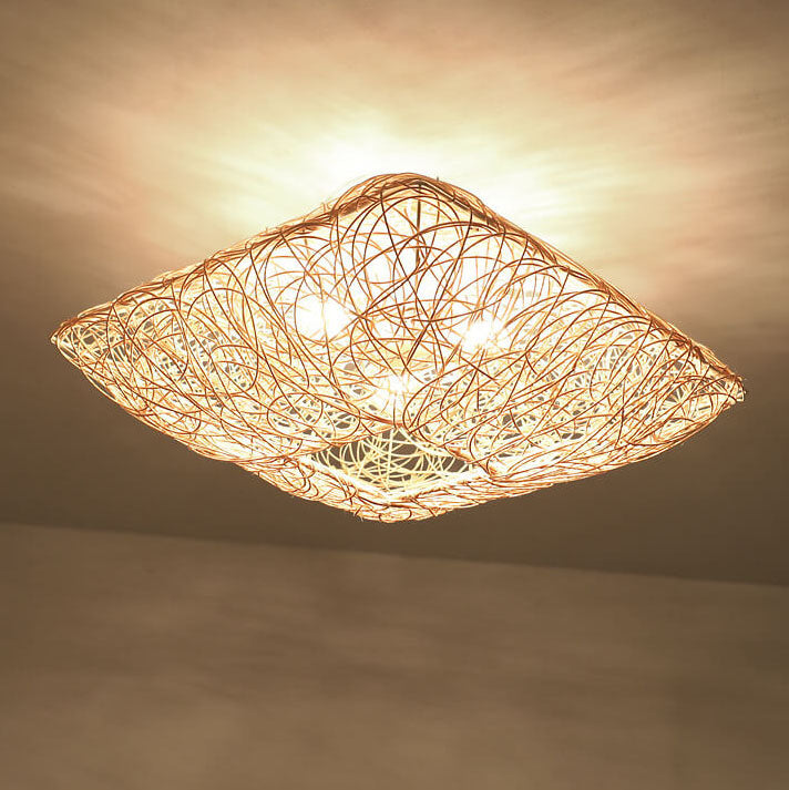 Nestoria Deckenleuchte | Modernes Rattan Nest-Design | Quadratische 3-Licht Flush-Mount Lampe | Elegante Beleuchtung für Wohnräume