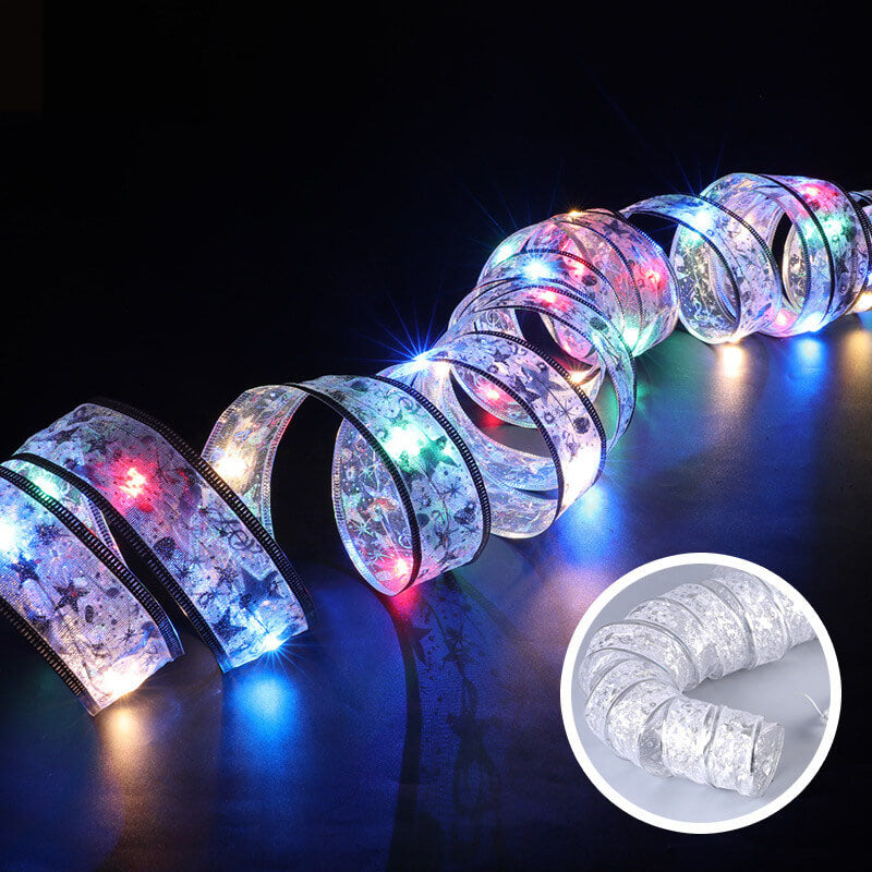 RibbonLustre LED Lichterkette | Weihnachtsbaum-Deko | Geschenkband-Design | Farbige & Warmweiße Beleuchtung