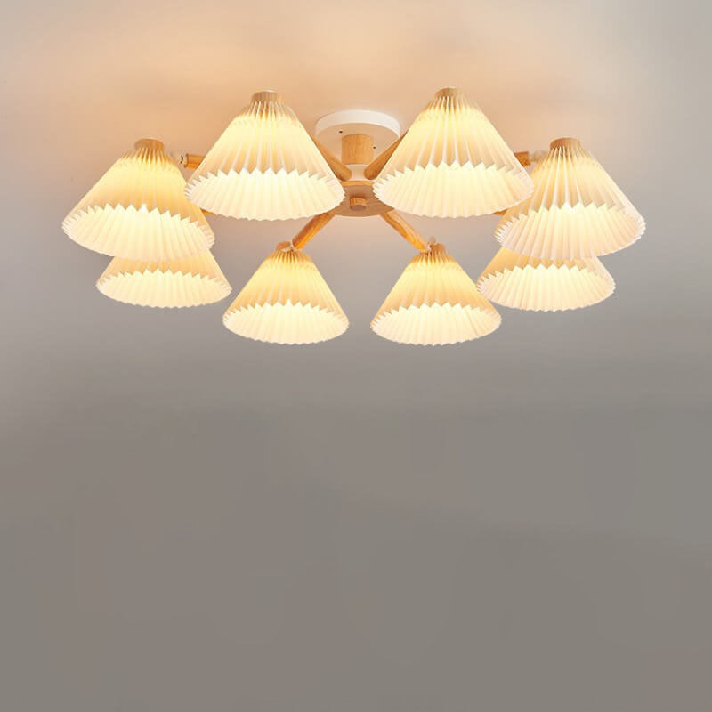LumiPlea Nordic Holz Deckenleuchte | Plissee-Schirm | 3/6/8-Licht Halbrunde Deckenlampe
