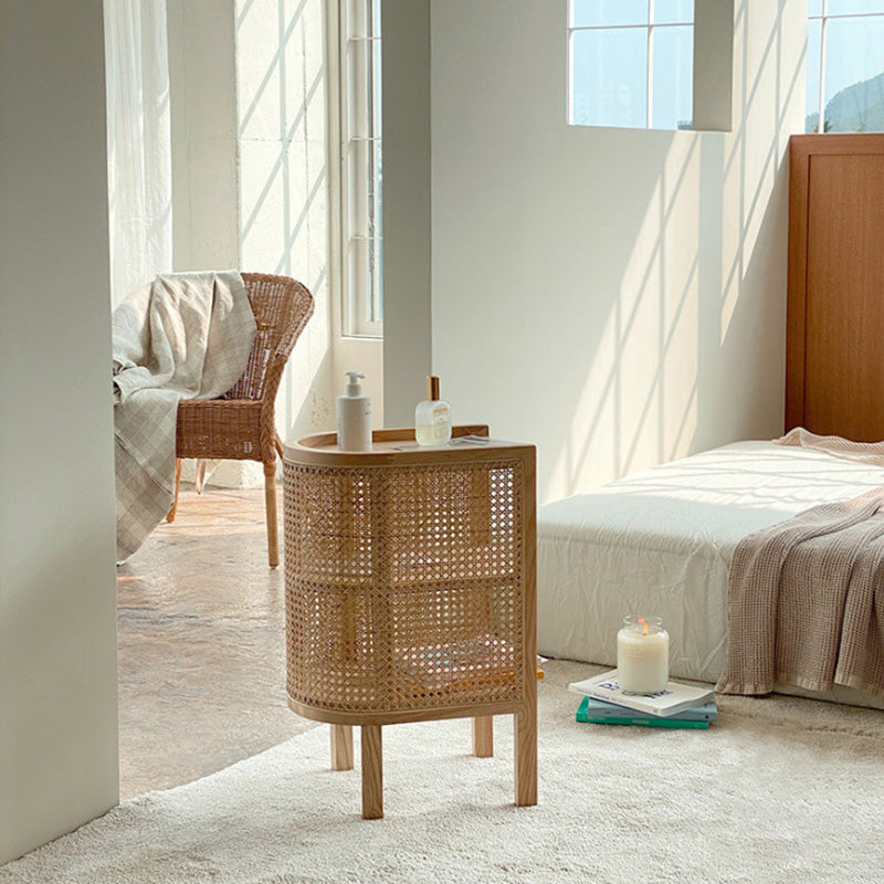 ZenovaSphere Halb-Oval Nachttisch | Holz & Rattan Design | 3 Ebenen | Stauraumwunder für Schlafzimmer