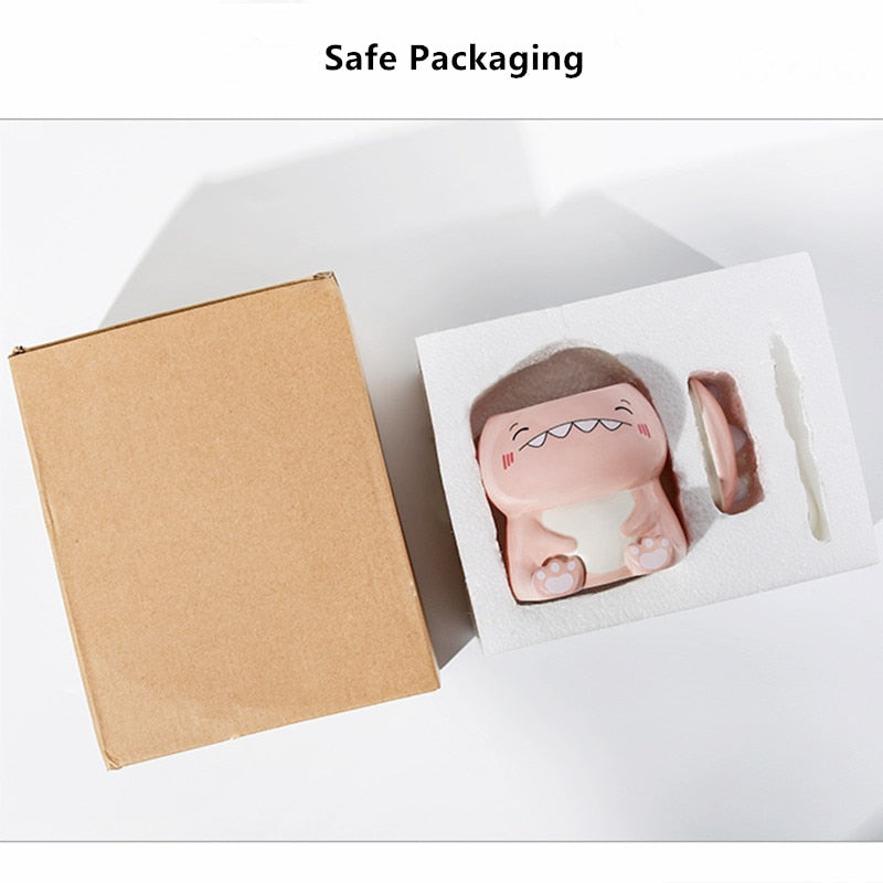 DinoSip Kreative Keramik Kaffeetasse | 450ml | Mit Löffel | Handbemalt | Milch- und Teebecher | Geschenkidee