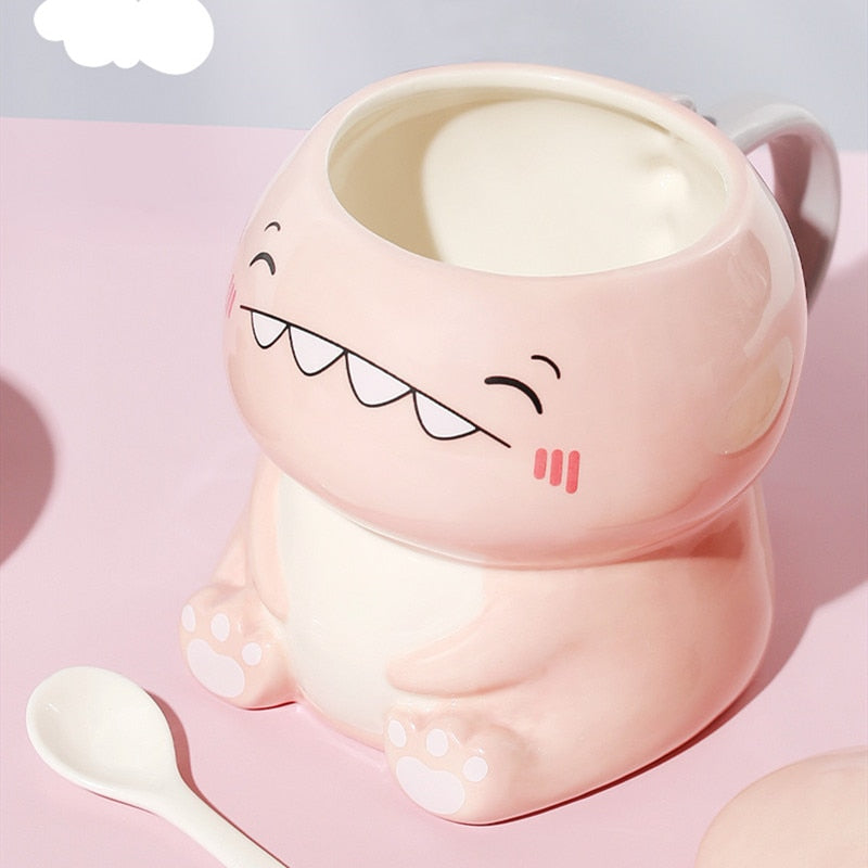DinoSip Kreative Keramik Kaffeetasse | 450ml | Mit Löffel | Handbemalt | Milch- und Teebecher | Geschenkidee