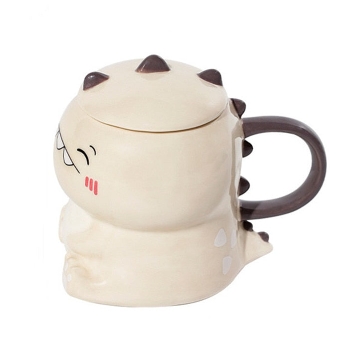 DinoSip Kreative Keramik Kaffeetasse | 450ml | Mit Löffel | Handbemalt | Milch- und Teebecher | Geschenkidee