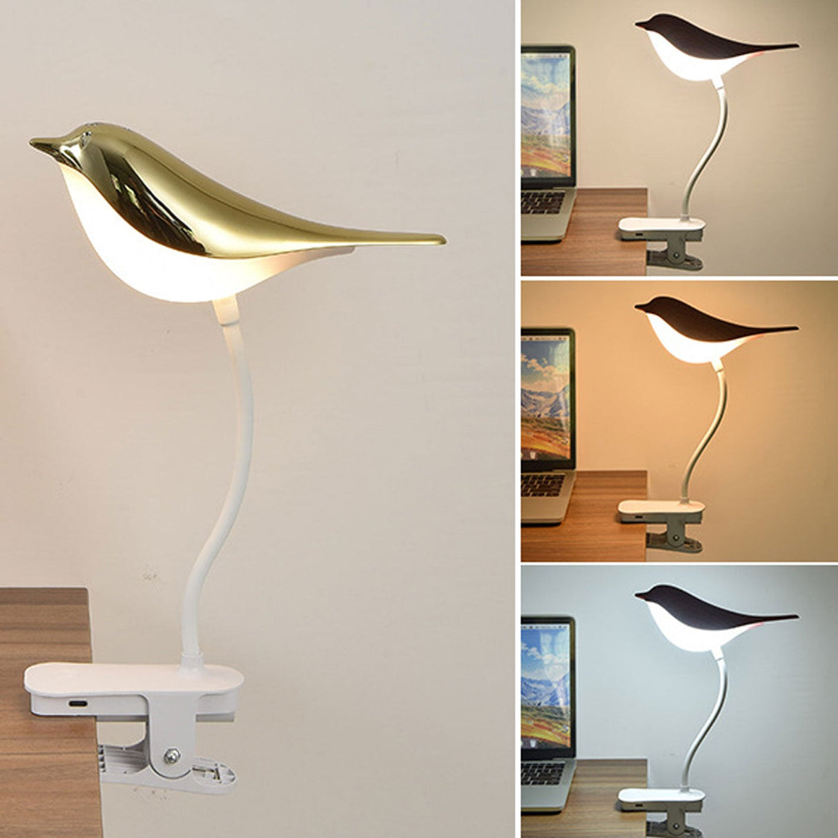 BrightBird Nordic LED Tischlampe | USB-Ladung | Nachtlicht mit Vogelclip | Modernes Design