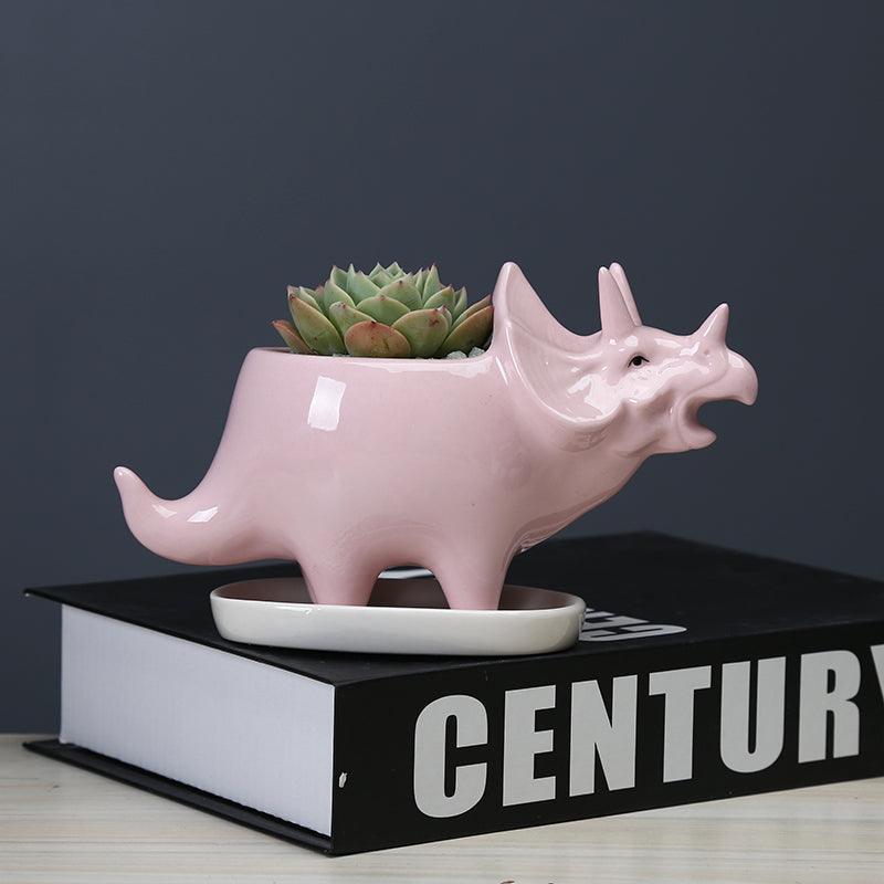 DinoBloom Saurier Pflanzentopf | Niedlicher Dino Sukkulenten Topf mit Ablaufschale | Dekoration für Zuhause