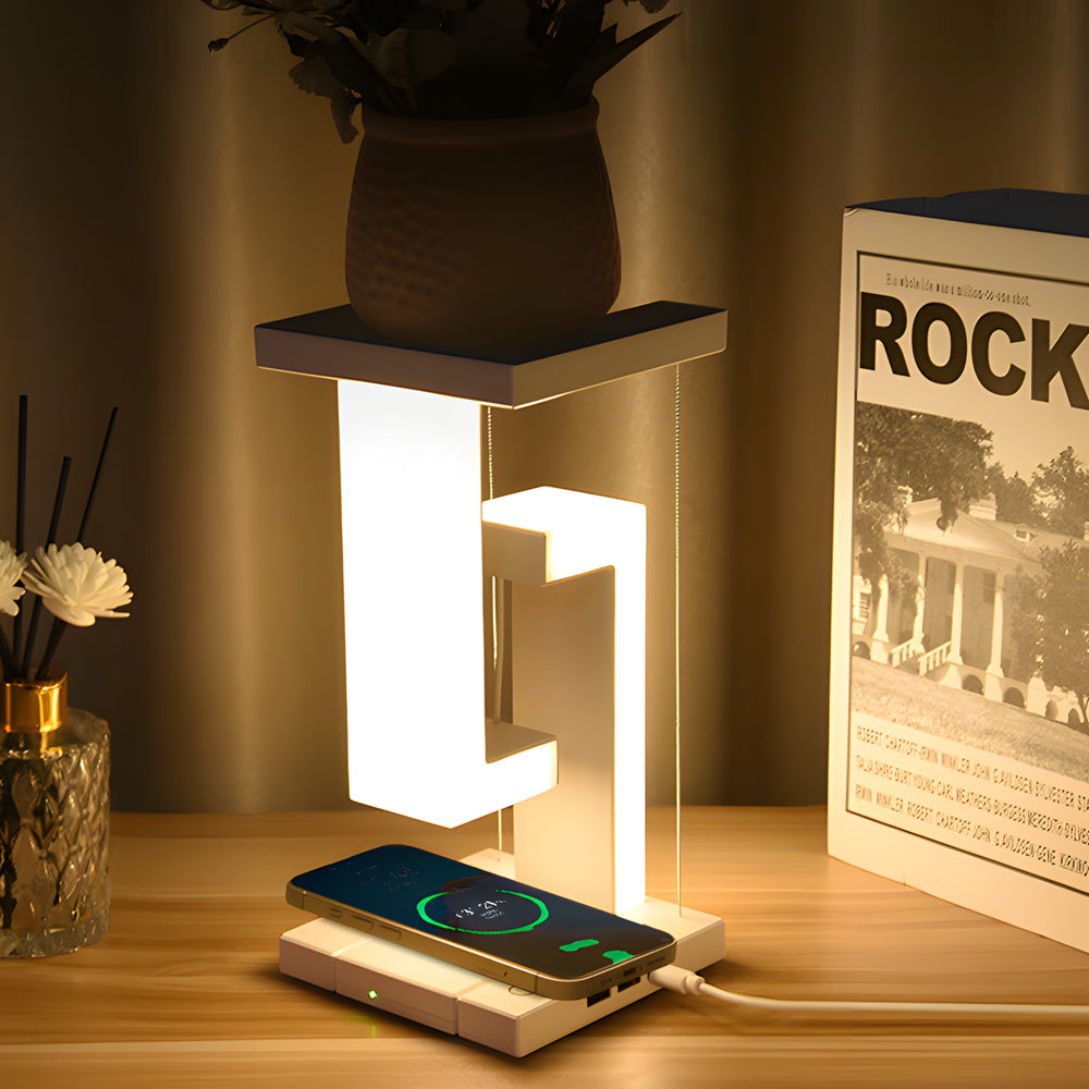 LevityLux Anti-Gravitations Tischlampe | LED Beleuchtung | Kabelloses Laden & USB | Modernes Design